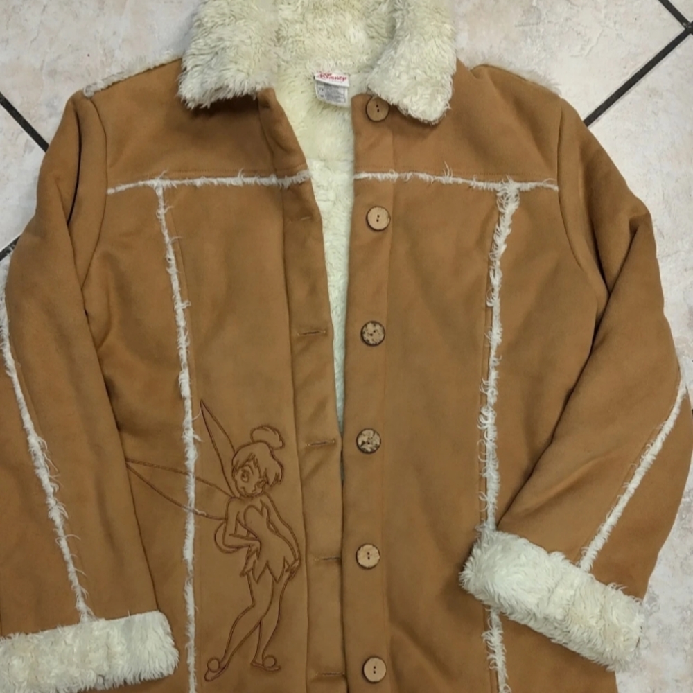Vintage Disney Cream and Tan Coat with Tinkerbell Embroidery Juniors Large